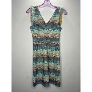 Tabitha Teal Brown Blue Cream Crochet Stripe V-Neck Ruffle Cap Sleeve Mini Dress